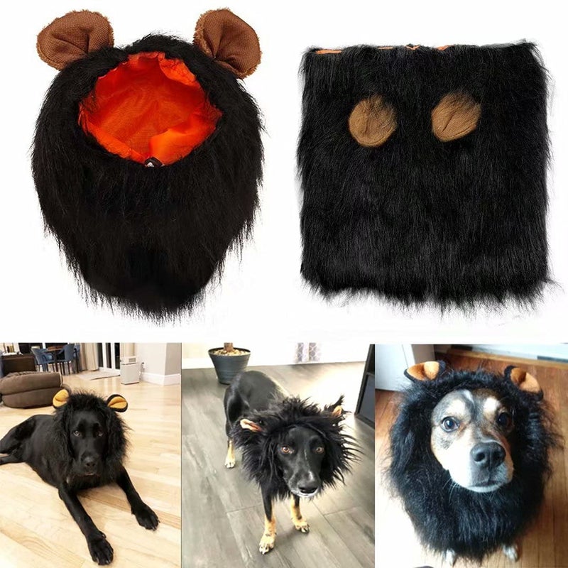 OLLULL Lions Mane for Large Dog Halloween Costumes, Pet Black Wig with Ears - Image 1